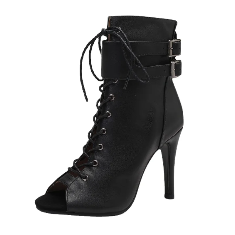 

Women Black High Heels Soft Lace-up Boots Stilettos Jazz Dance Woman Shoes Slipery Sole Customizable For Latin Dancing