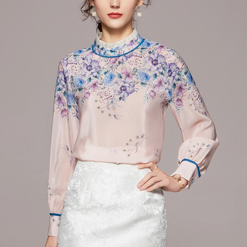 Женская рубашка из натурального шелка элегантная розовая с воротником-стойкой и