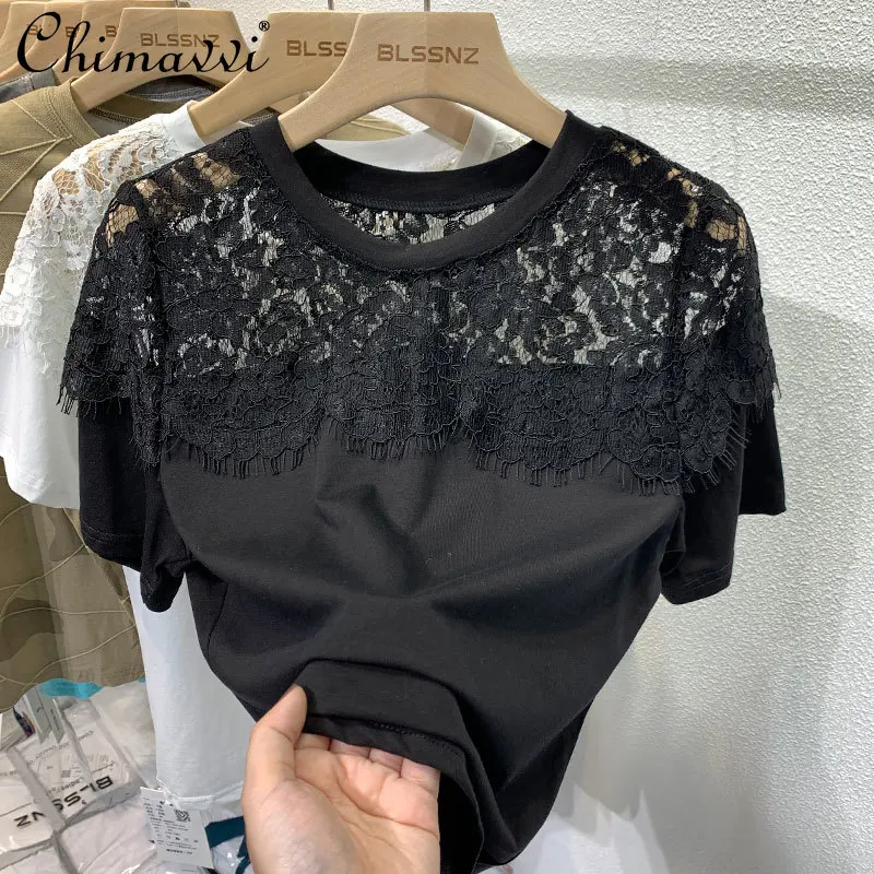 

Женская футболка с коротким рукавом в европейском стиле, Новинка лета 2022, модный шикарный кружевной топ, облегающие элегантные подходящие к...
