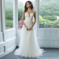 scoop 2022 modest a line wedding dresses appliques lace soft tulle bridal gowns zipper button back long vestidos de mariee