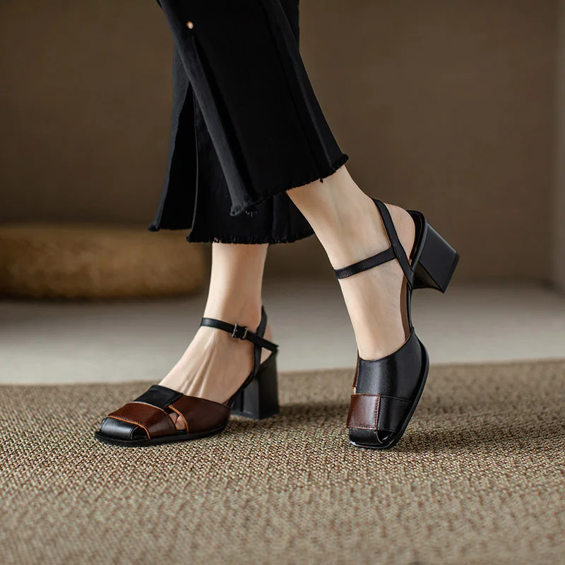 Phoentin Retro mixed colors Square Toe Sandals Women Genuine Leather High Heels Mary Janes shoes New 2023 Summer pumps FT2551