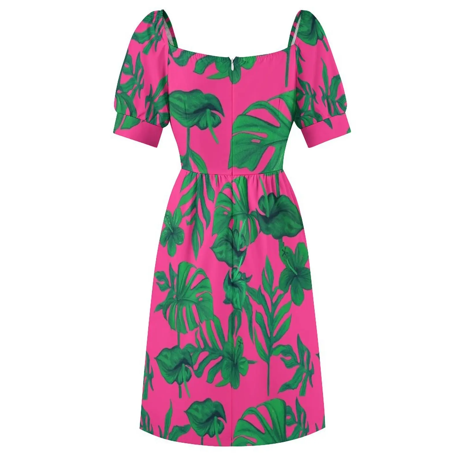 Розовое платье с короткими рукавами и тропическим узором Женские летние платья