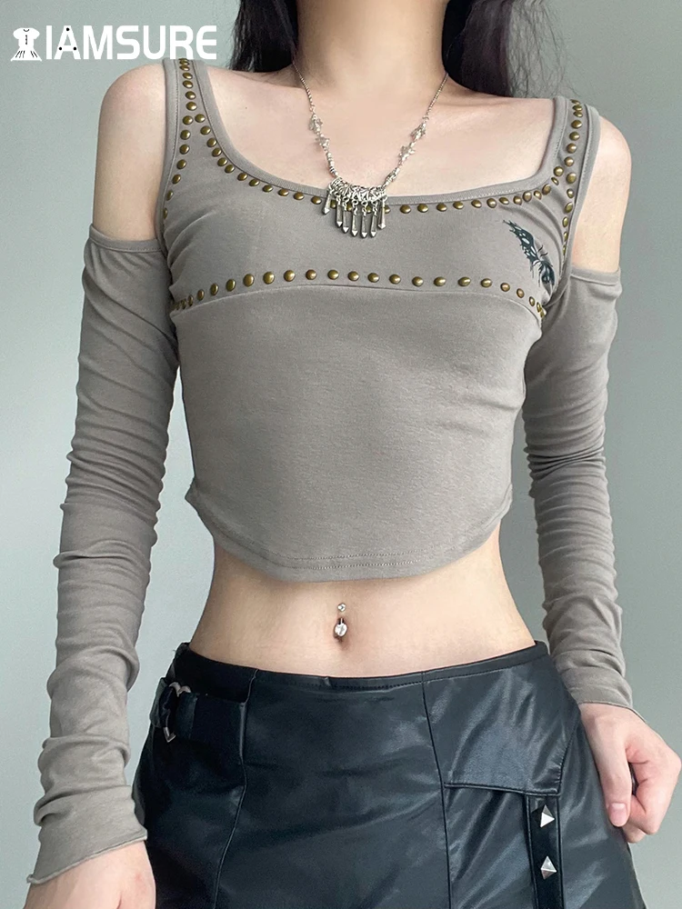 

IAMSURE Sexy Slim Solid Rhinestone Cropped T Shirt Basic Solid Hollow Out Square Collar Long Sleeve Tees Women Autumn Winter