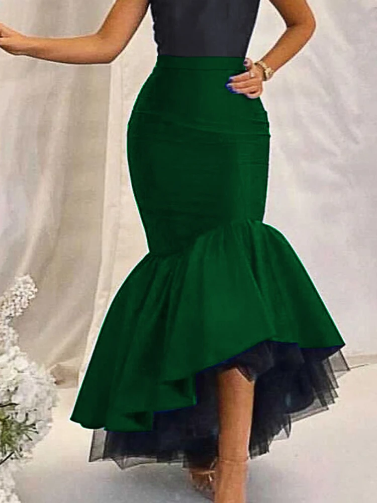 Женская юбка-макси с высокой талией элегантная юбка-Русалка из фатина отстрочкой