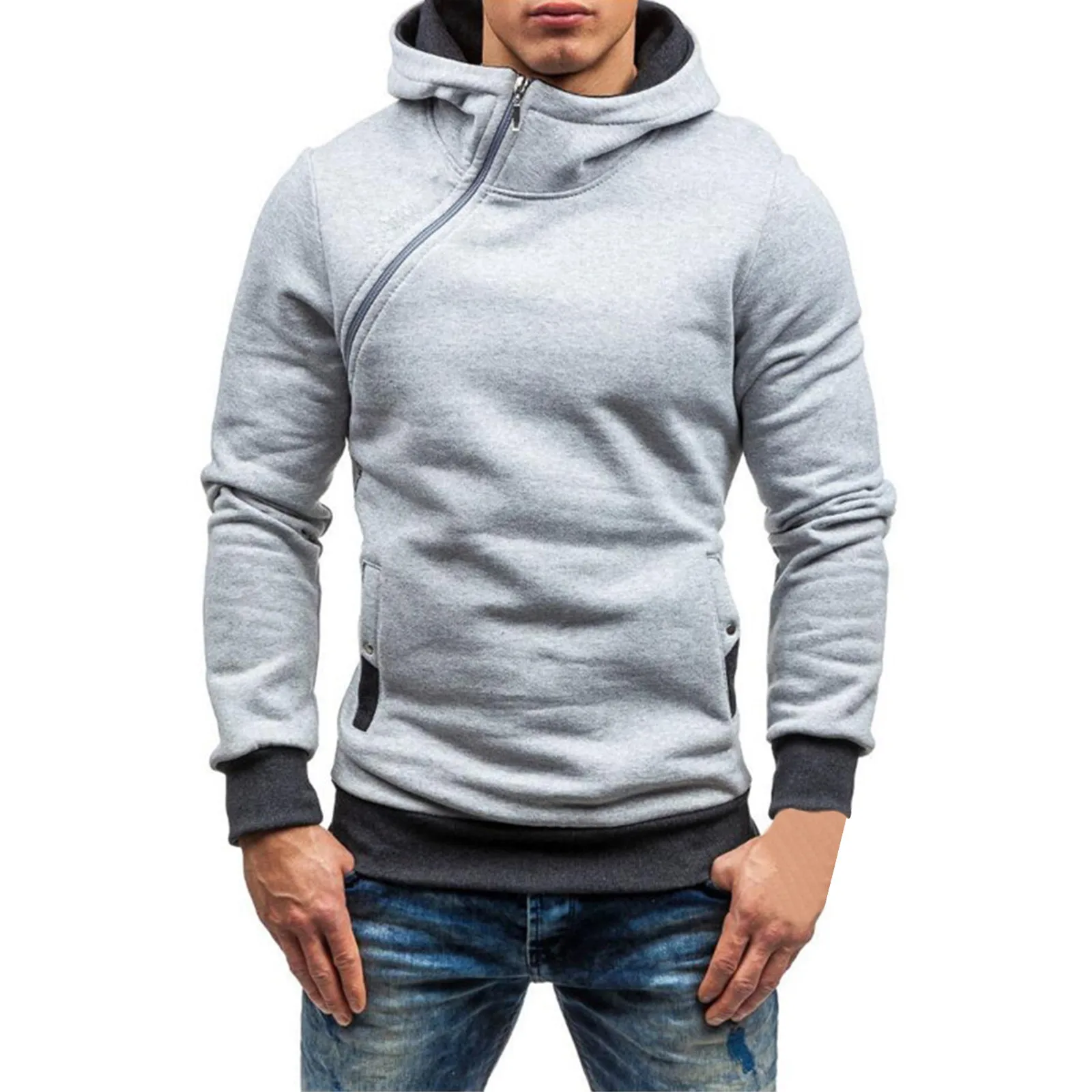 

New Casual Solid Mens Hoodies Diagonal Zipper Long Sleeve Hoodie Sweatshirts Men Hoody Pullover Sweatshirt Hooded Sweat Homme