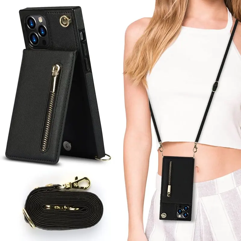 

Wallet Case for iPhone 14 Plus (6.7 inch),PU LANYARD NECK STRAP CASE WITH KICKSTAND ZIPPER WALLET CARD HOLDER, ADJUSTABLE DETACH