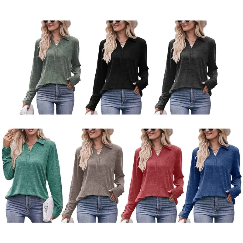 

Womens V Neck Collared Shirt Button Long Sleeve Work Polos T Shirts Fall Casual Loose Fit Tunics Tops and Blouses new item