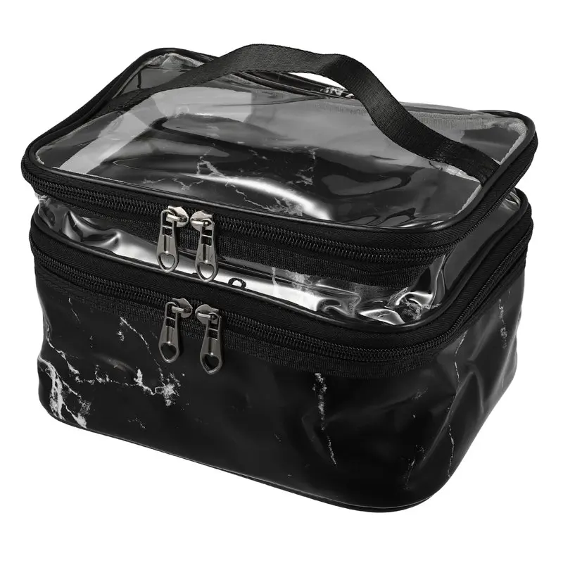 

Double Layer Makeup Bag Cosmetic Bags Organizer Bag Marble Pattern Black