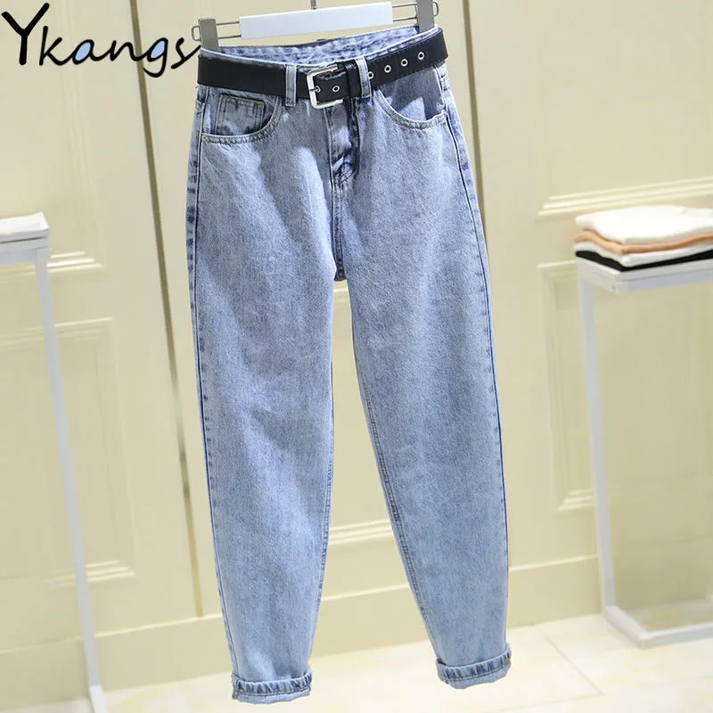 

Blue Casual Autumn Harem Women Jeans Loose High Waist Streetwear Boyfriend Denim Long Trousers Korean Style Slouchy Mom Jeans