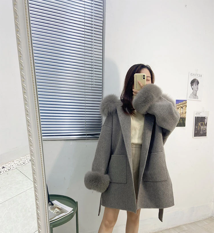 Winter Women Real Fur Coat 100% Wool Jacket Mid-length Camel Black Color Outerwear Genuine Fox Fur Collar and Cuffs Belt