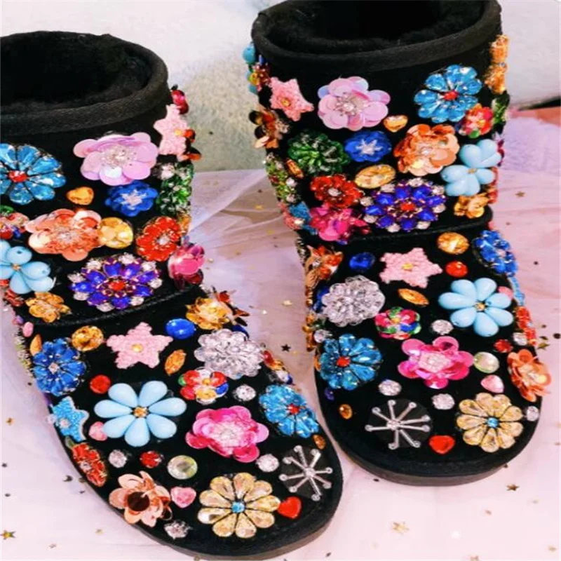 

Sequin rhinestones Winter warm boots with fleece Colored flowers handmade custom ankle boots men and women plus size 35-44