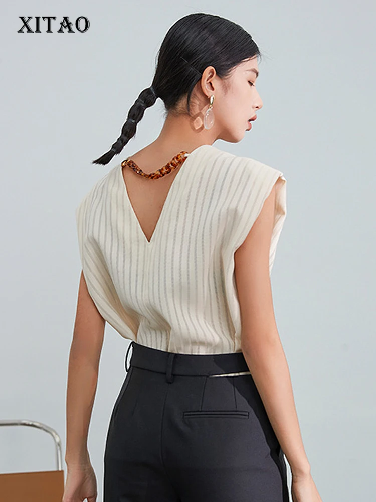 

XITAO Solid Striped T-Shirt Women Korea 2022 Summer New Arrival Personality Fashion Loose O-neck Sleeveless T-Shirt WLD7123