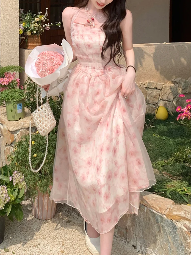 

Floral Print Chiffon Halter Midi Dress Summer Sweet Pink High Waist Sleeveless Evening Party Dress Korean Fashion Beach Vestidos