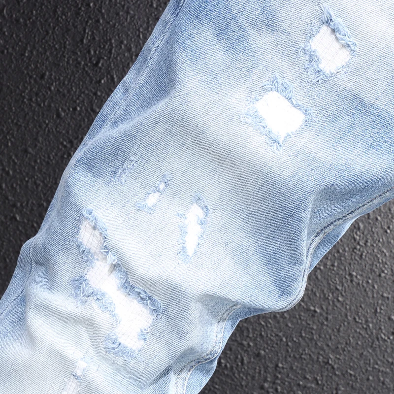 Italian Style Fashion Men Jeans Retro Light Blue Slim Fit Patched Ripped Jeans Men Vintage Designer Stretch Denim Pants Hombre