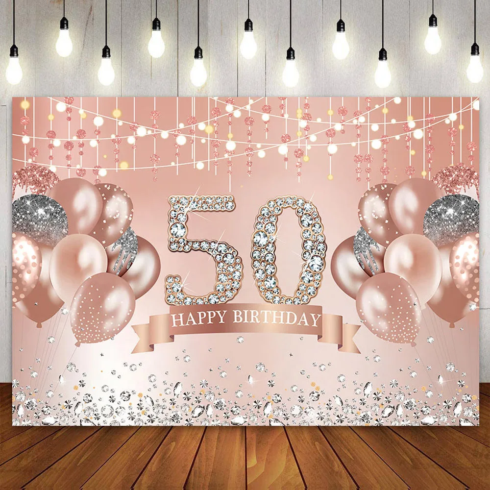 

Rose Gold 50th Birthday Party Banner Decor Backdrop Fabric Pink Glitter Diamonds Balloon Photo Background for Women 50 Years Old