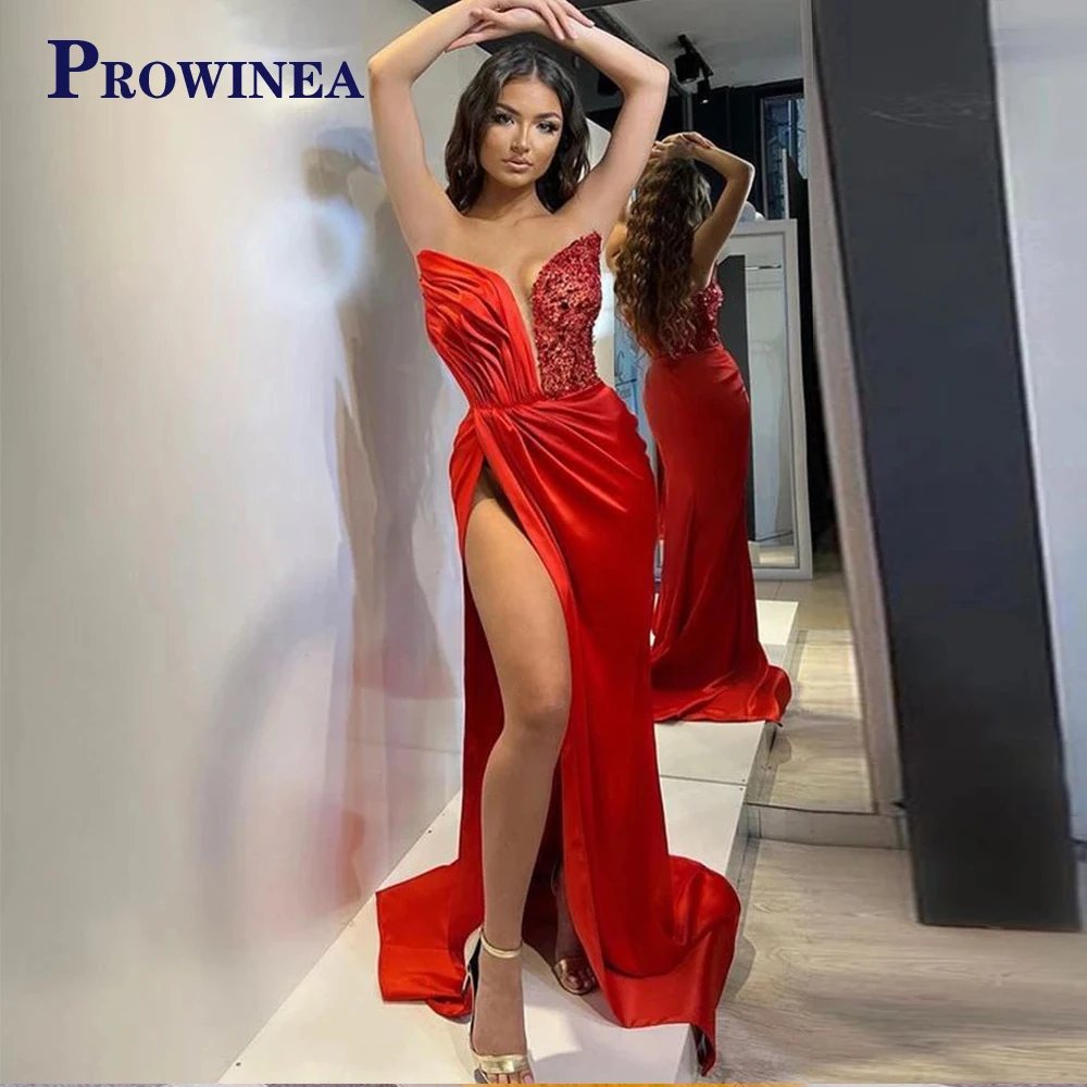 

Prowinea Deep V-Neck Trumpet Sleeveless Evening Gowns For Women 2023 High Slit Crystal Sequined Satin Abendkleider Made To Order