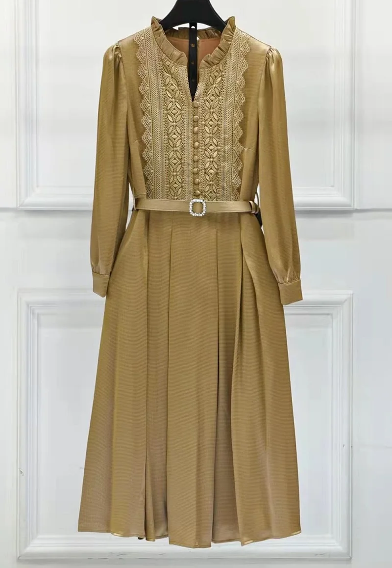 

Женское платье с поясом, праздничное черное платье цвета хаки до середины икры с длинным рукавом и роскошной вышивкой, размер XXL, осень 2022