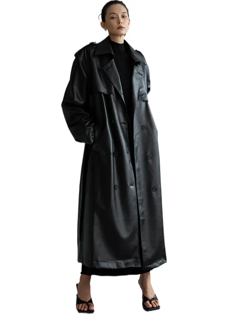 

Lautaro Autumn Extra Long Oversized Black Faux Leather Trench Coat for Women Long Sleeve Belt Double Breasted Loose Fashion 2021