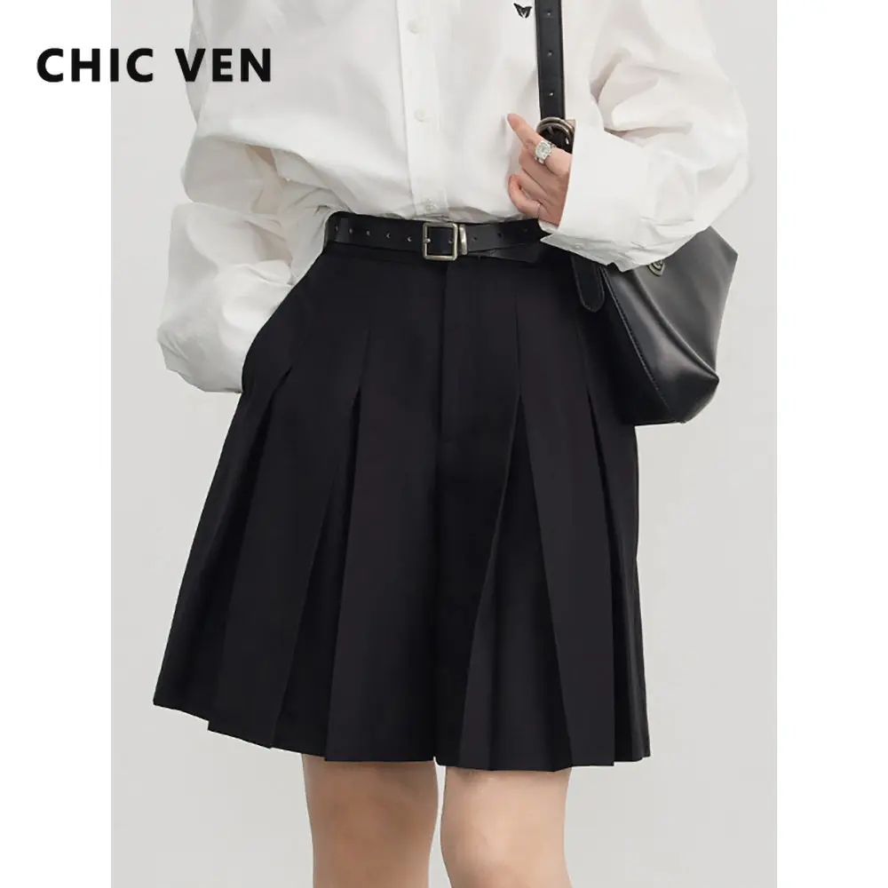 

CHIC VEN Korean Women's Casual Shorts Loose Pleated High Waist Black Wide Leg Short Pant Preppy Girl Summer Spring 2023