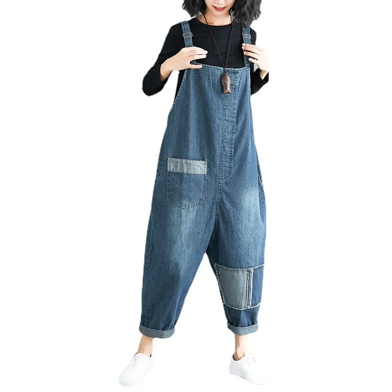Комбинезон женский джинсовый в стиле пэчворк свободный Ромпер из денима брюки