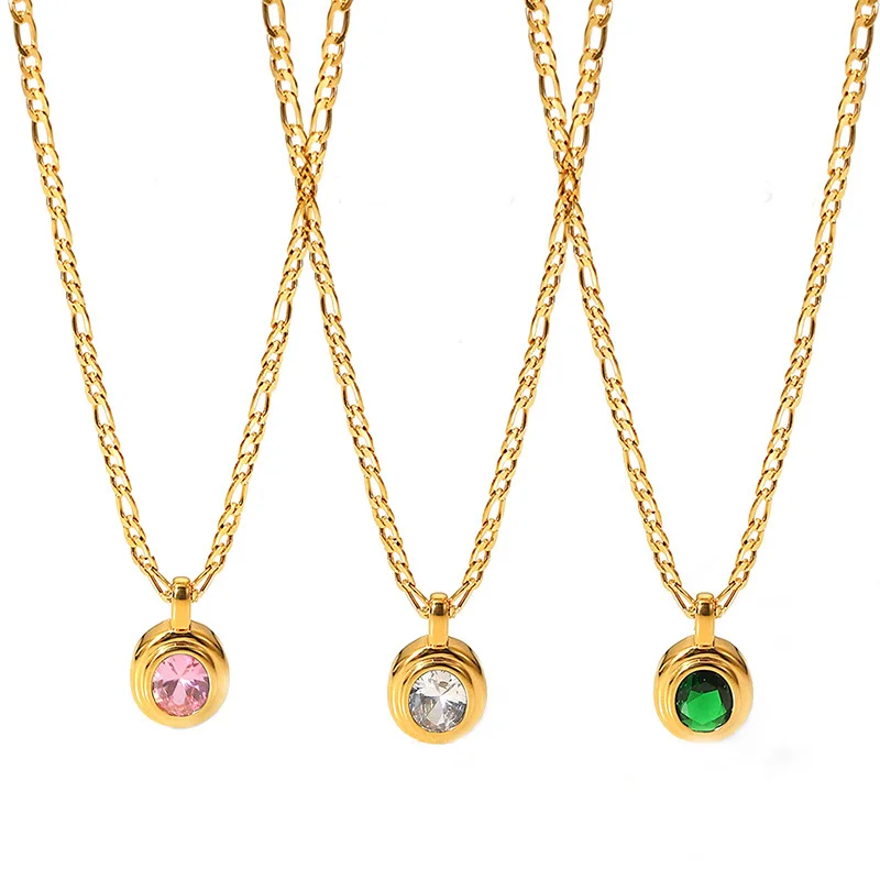 

Women Geometric Square CZ Stone Necklaces, Chic Gold Tone Stainless Steel Figaro Chain Clavicle Choker Collar Jewelry