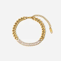 allnewme 2022 hot sale sparkly cz zircon splice charm bracelet for women gold color stainless steel chunky cuban chain bracelets