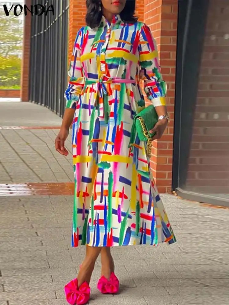 Плюс размер 5XL VONDA богемное винтажное платье-рубашка с длинным рукавом 2024 женское