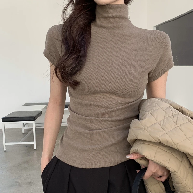 

2022 Summer Slim DE Velvet Sexy Women Short Sleeve Turtleneck Khaki Tops Female Solid Black/White Korean Tshirts for Women Y2k