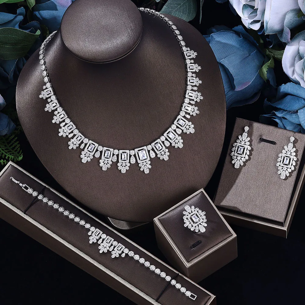 

Luxury 4PCS UAE Women's Jewelry Elegant Bridal Cubic Zircon Necklace Earring India African Nigerian Bridal Wedding Jewelry Sets