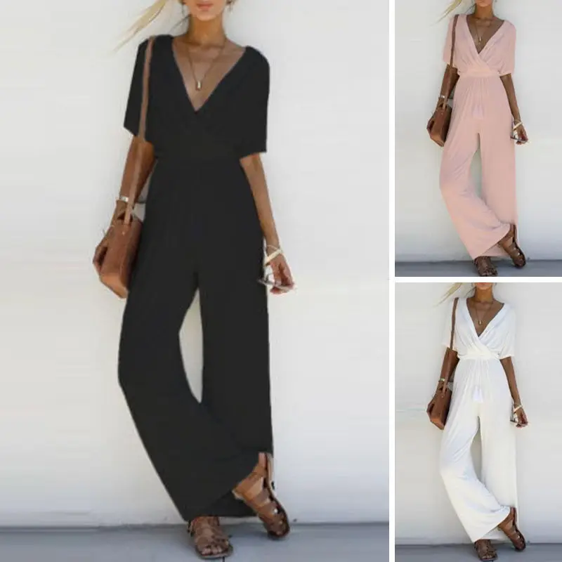 Summer Loose Casual Solid Fashion Trousers Romper Jumpsuit Women Ladies Sexy Deep V-neck Short Sleeve Bodycon Jumpsuit