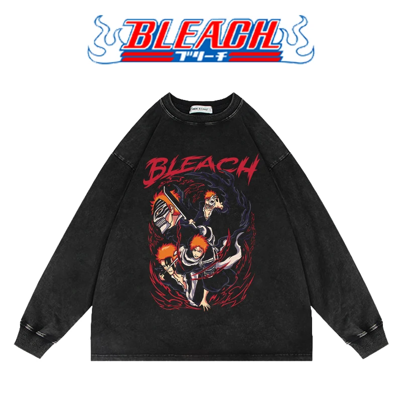 

100% Cotton Bleach Anime Hoodie Harajuku Kurosaki Ichigo Graphic Print Pullover Vintage Unisex Casual Sweatshirt Hip Hop Clothes