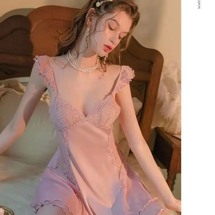

New Pure Desire sexy sleepwear Wind Sexy Ice Silk Nightdress French Fairy Deep V Belt Chest Pad Ultra-short Home Sling Pajamas