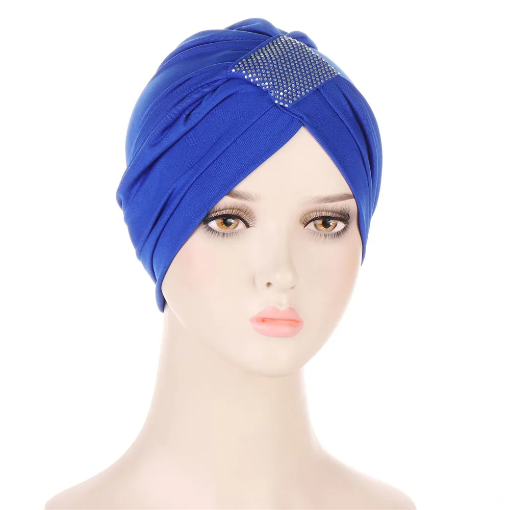 

Muslim Turban Hijab Knotted Bonnet Diamonds Solid Color Women Baotou Cap Indian Turban Chemo Cap Elastic Inner Beanies Hair Loss