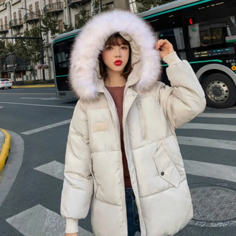 Women Fashion Winter Outerwear Long Sleeve Cotton Hooded Jacket Loose Parka Plus Size Red Overcoat Ladies Faux Fur Collar Coat