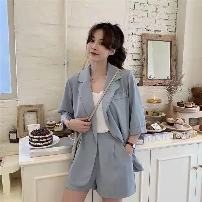 

2023 Summer New Casual Blazer Shorts Two-piece Women's Fashion Lounge Wear Korean Elegant Tops Shorts Set Female Clothing Q213
