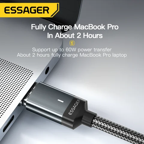 Магнитный зарядный кабель Essager 60 Вт, кабель USB C к типу C, 3A PD, быстрая зарядка для IPhone 14 13 Samsung, провод зарядного устройства для ноутбука