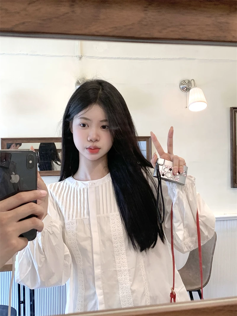 

GY4592 Милая плиссированная белая рубашка с длинными рукавами для женщин на осень 2023, новый дизайн sense, нишевый Свободный Топ с рукавами-фонариками