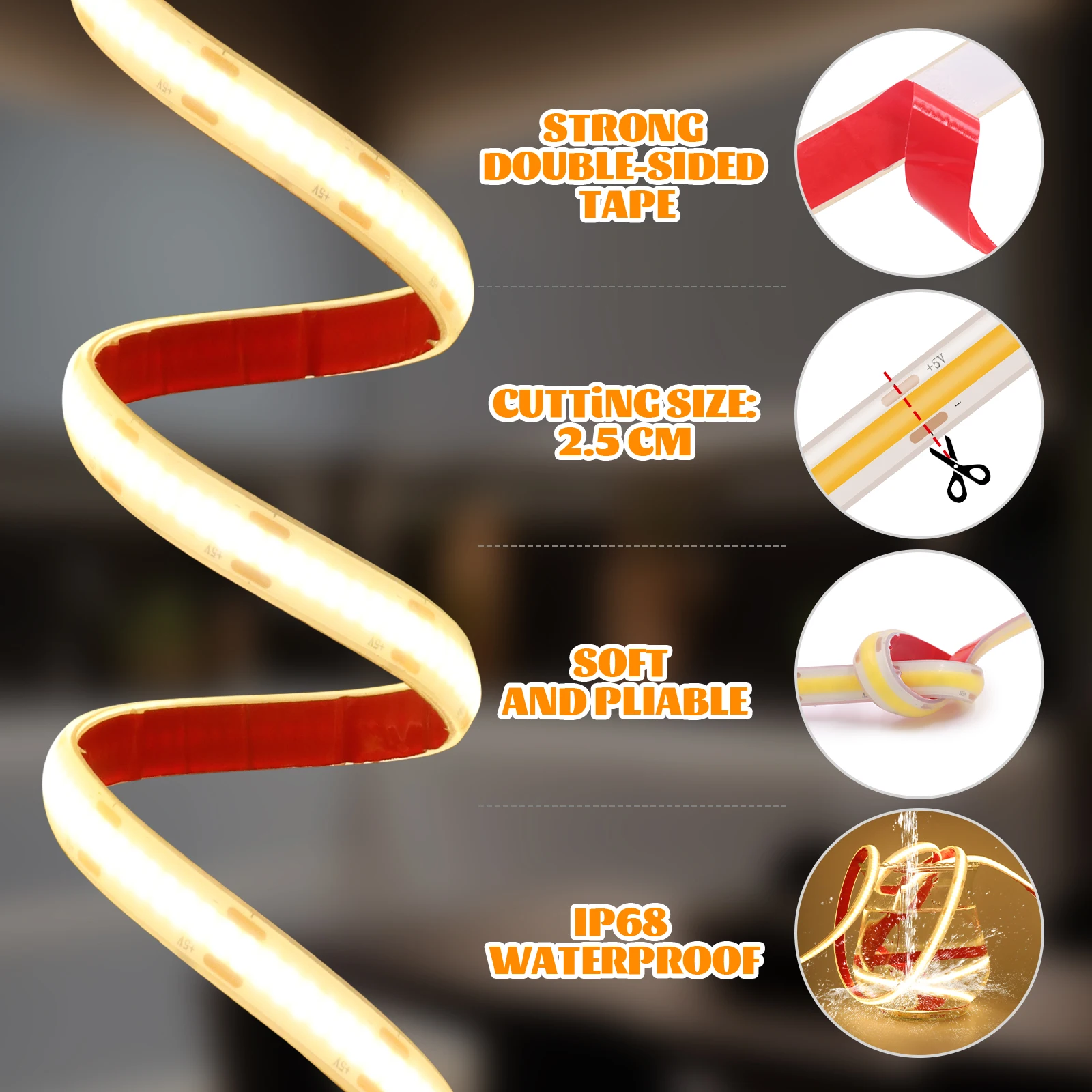 Лента COB с регулируемой яркостью 5 В постоянного тока 320 светодиодов RA90 IP68