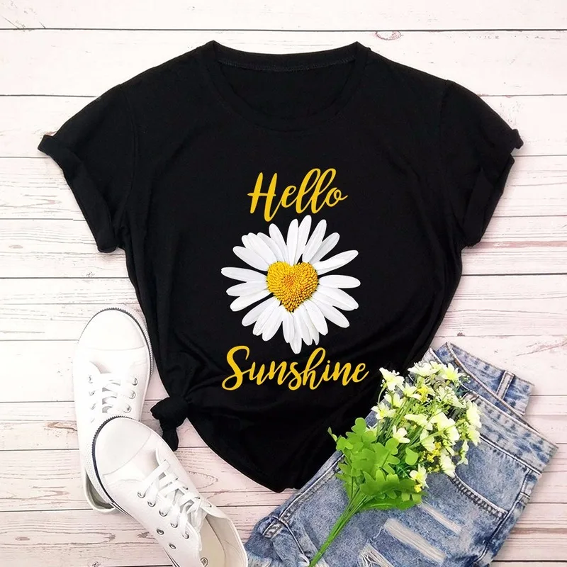 

Rheaclot Hello Summer Women's Trendy Cotton Heart Flower Letters Print Short Sleeve O-Neck Tops T-shirt
