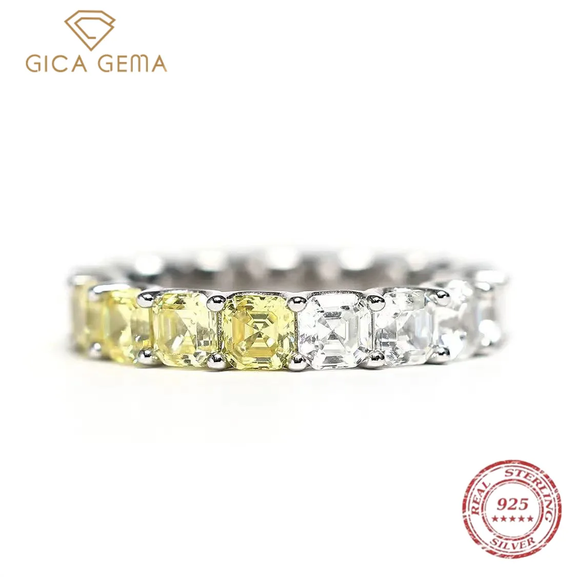 

GICA GEMA 2023 Luxury 925 Sterling Silver Ring Asscher Cut 4*4mm Citrine White Gemstone Wedding Band Fine Jewelry Gift Wholesale