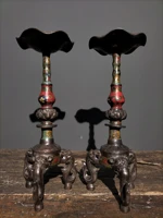 13 tibetan temple collection old bronze cloisonne enamel lotus leaf animal head three legged candle stand a pair ornament