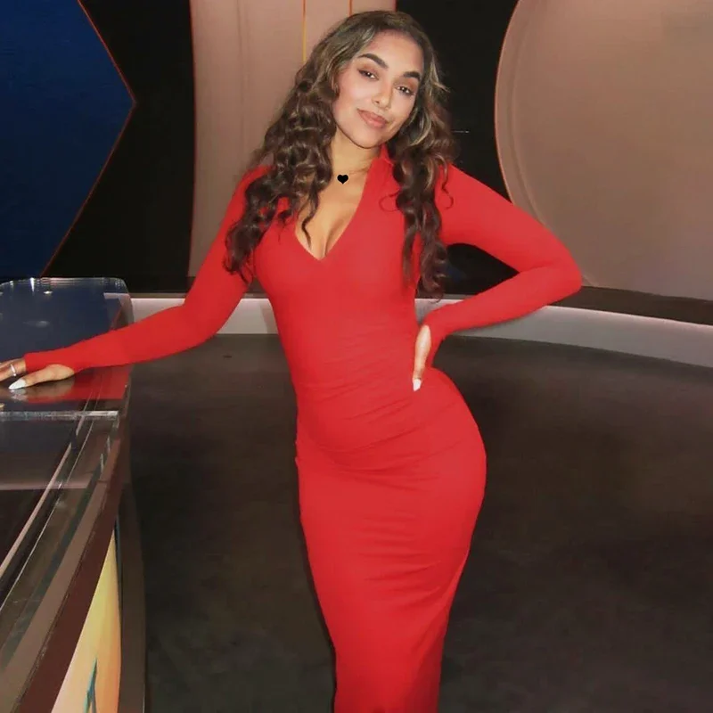 Элегантное облегающее платье макси с длинными рукавами и рюшами сексуальное