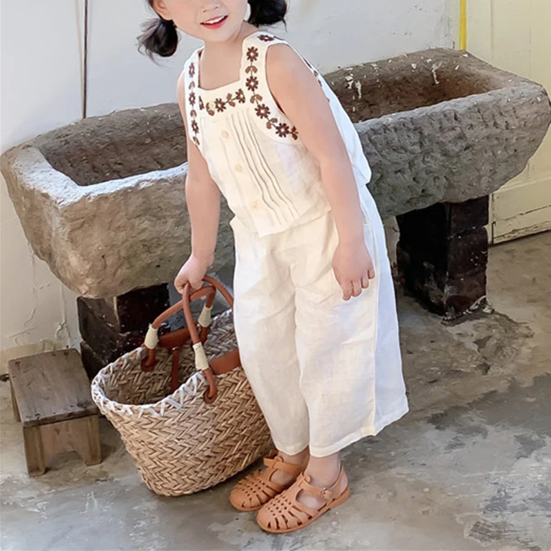 RiniLucia Toddler Girls Clothing Sets 2022 Summer Girls Clothes Flower Embroidery Cotton Tank Top Outfit Kids Tracksuit Suit