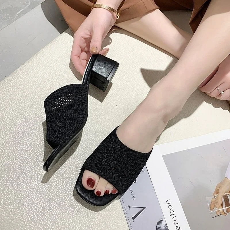 Heels Women's Shoes Slippers Outdoor 2022 Summer New Fashion Mesh Breathable Zapatillas De Casa Mule Shoes Feminino Flip Flops