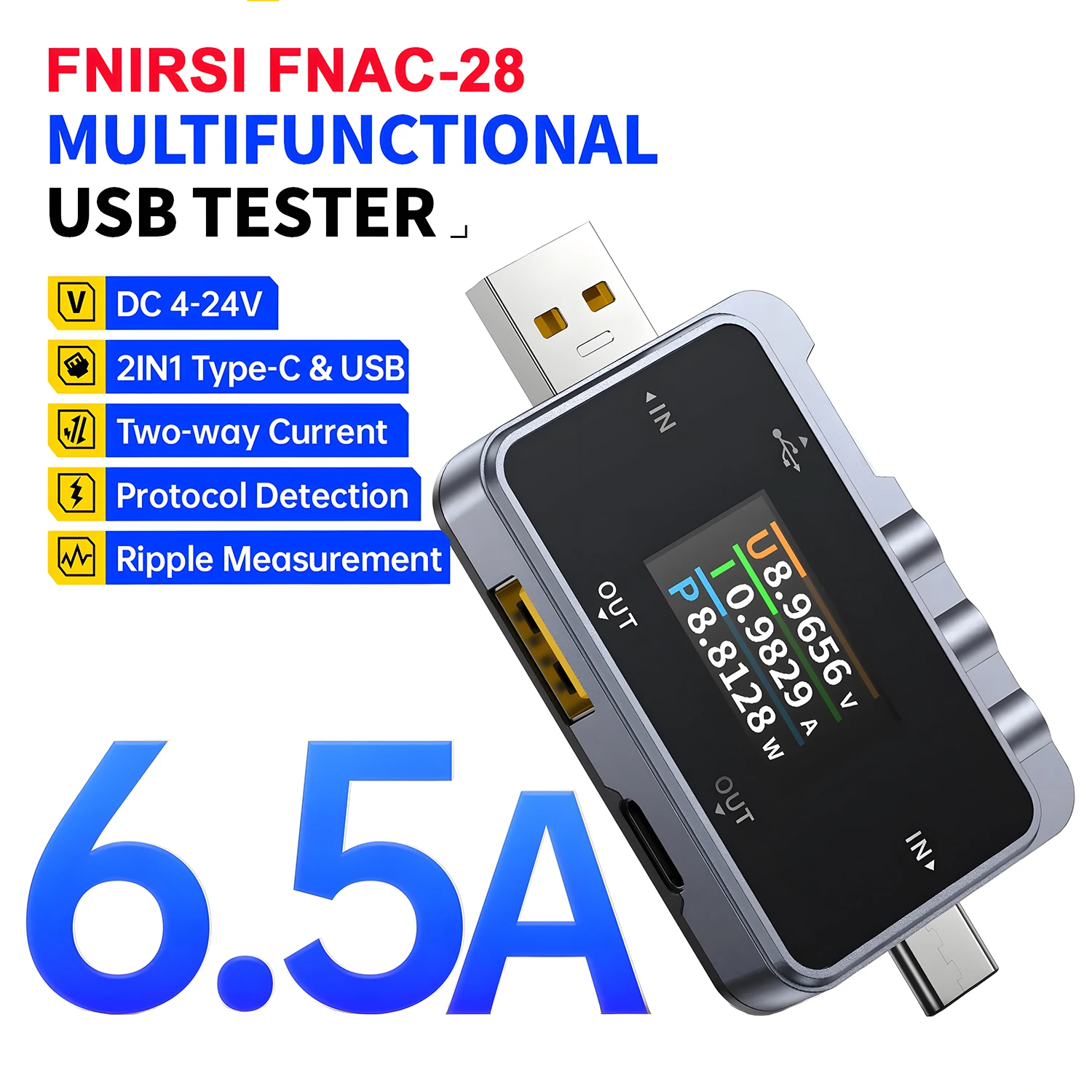 FNIRSI FNAC-28 USB-тестер Type-C цифровой вольтметр амперметр измеритель напряжения и тока
