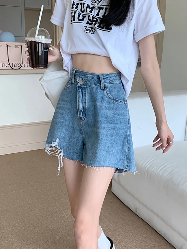 New Summer Women High Waist Hole Frayed Blue Denim Shorts Streetwear Female Button Loose Jeans Shorts Bottoms