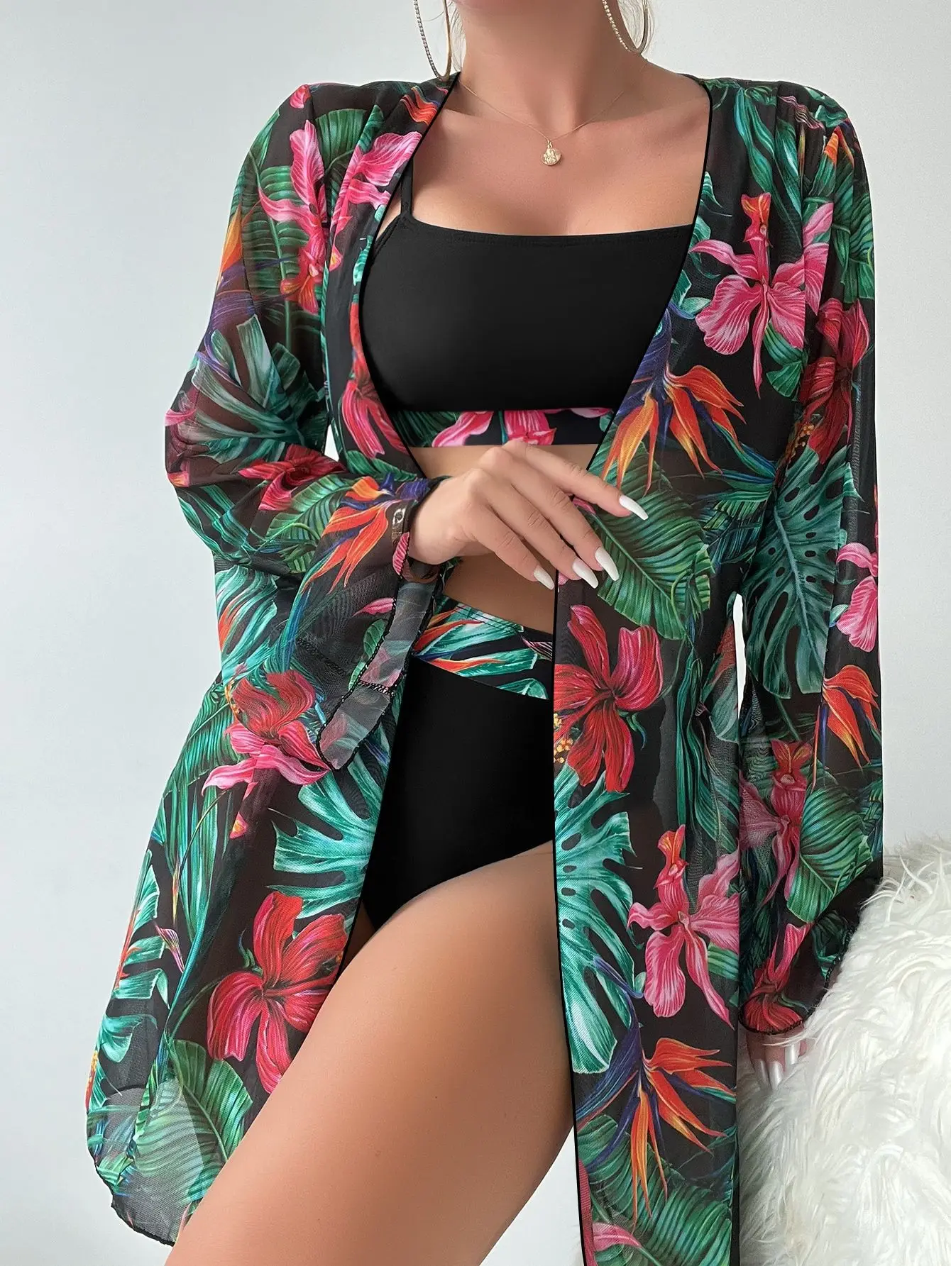 

Сексуальное бикини с высокой талией, купальник из трех предметов с цветочным принтом, Женский комплект бикини с сетчатой блузкой с длинными рукавами, накидка, новинка 2023