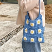 casual sunflower crochet women shoulder bags knitted granny tote bag handmade woven handbags casual summer beach shopper purses