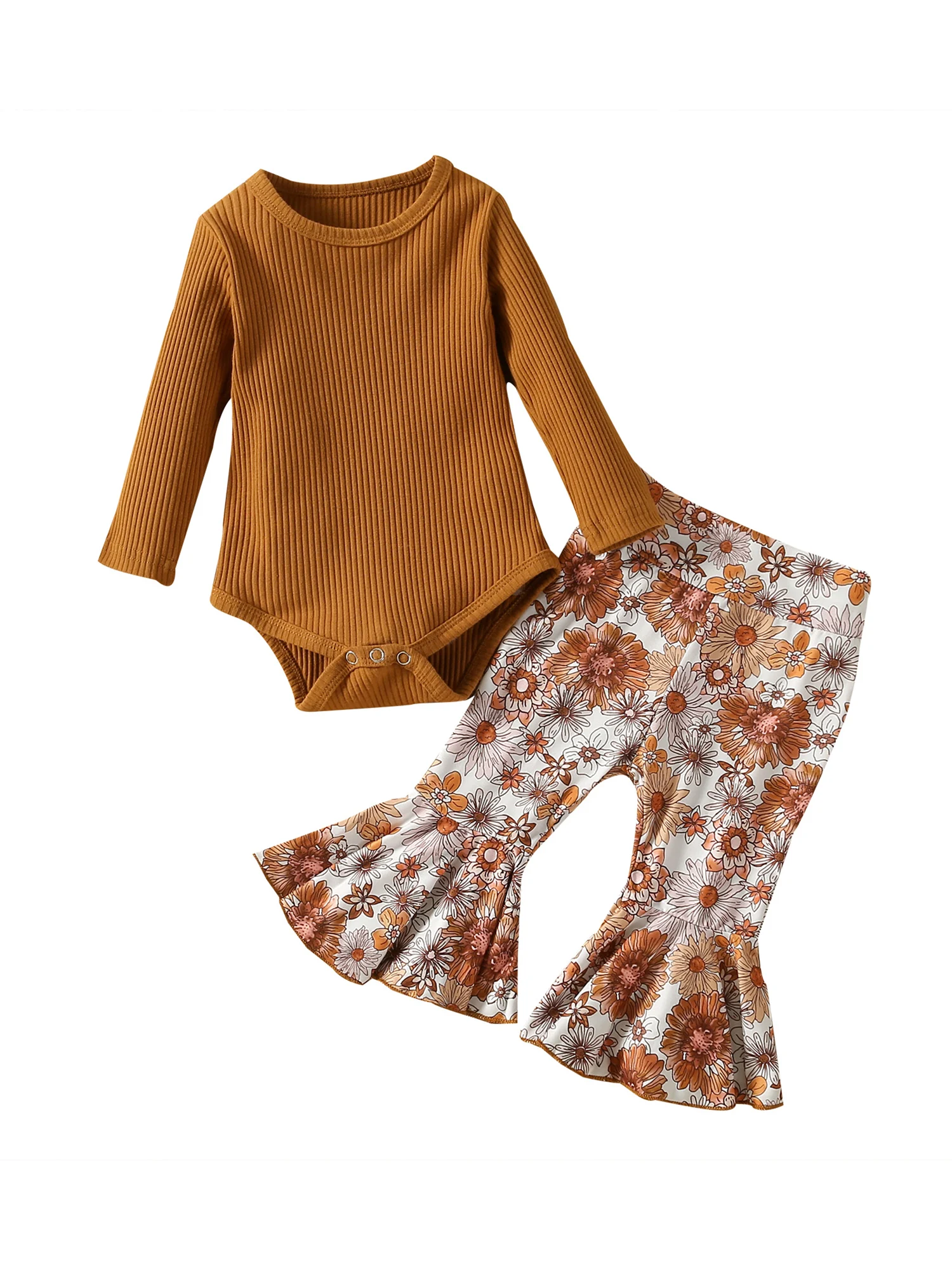 

Caoirhny 2pcs Infant Girl Autumn Romper Suit Solid Ribbed Long Sleeve O-Neck Romper Floral Print Flared Trousers