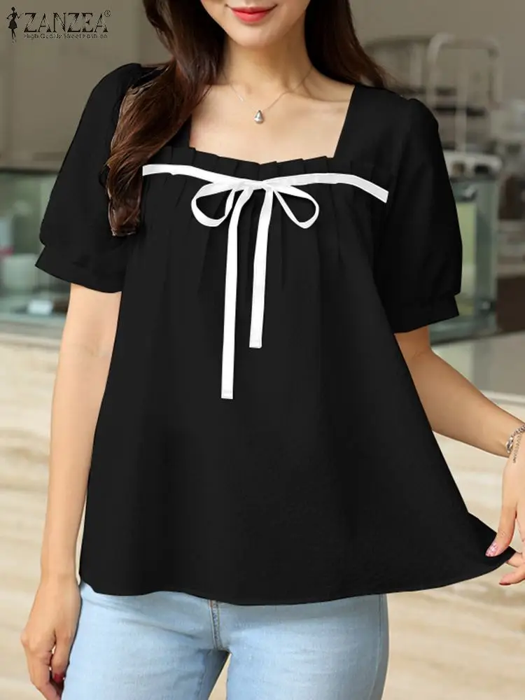

ZANZEA Short Puff Sleeve Women Tunic Tops Square Neck Sweet 2023 Summer Pleated Blusas Bow Tie Solid Korean Fashion Blouses